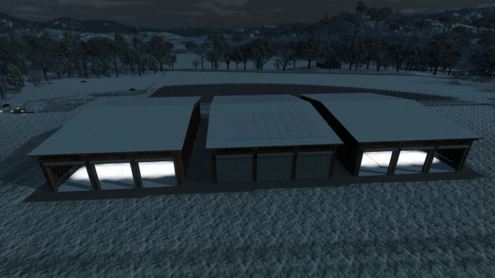 fs25-mods,  Snow-covered wood garage pack mod buildings at night in FS25.