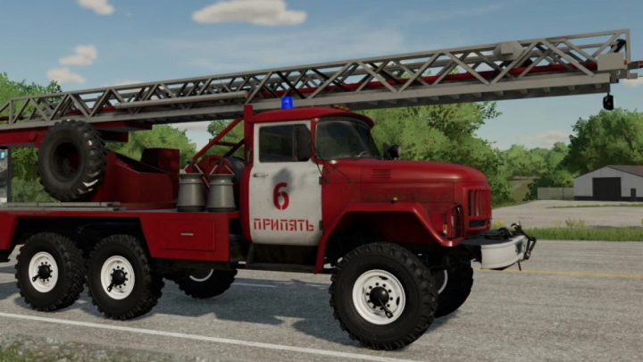 fs25-mods,  FS25 mod ZIL-131 AL-30 v1.0.0.0 fire truck on road, features extended ladder, red with white accents.