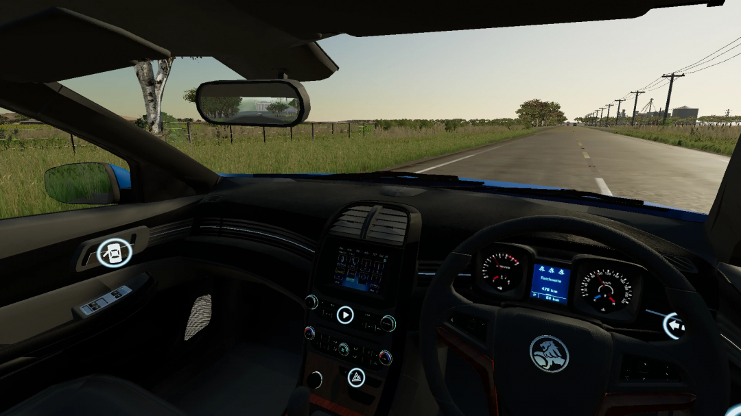 Interior view of 2013 Holden Malibu mod in FS22, showing dashboard and country road.