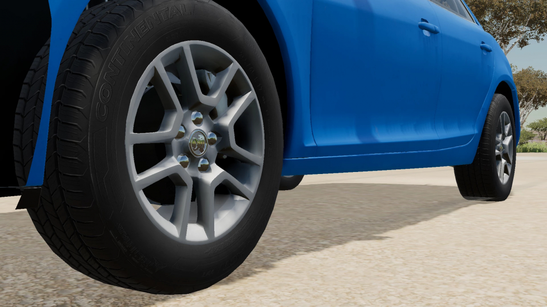 Close-up of a blue 2013 Holden Malibu mod tire in FS22, showcasing detailed tread and rim design.