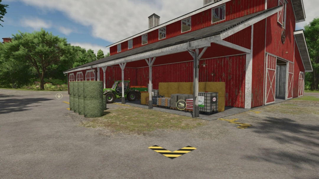 FS25 mod Addable Triggers v1.0.0.0 showcases a barn with farming supplies and a tractor parked inside.