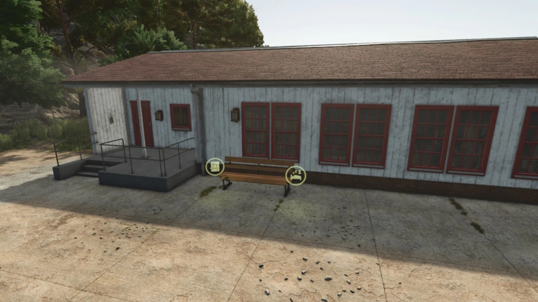 FS25 mod Addable Triggers v1.0.0.0, a rustic building with interactive icons near a bench, enhancing gameplay.