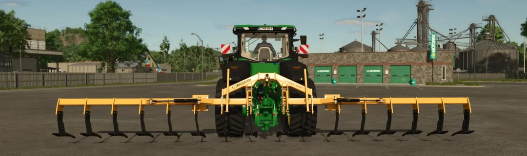 FS25 mod Agrisem Combiplow 11m v1.0.0.0 attached to a tractor, showcased in a farm environment.