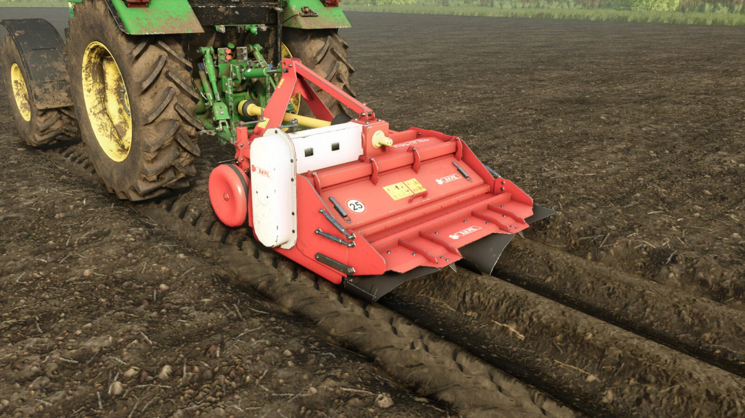 FS25 mod Akpil Multipiel v1.0.0.0 on a tractor, preparing soil in Farming Simulator 25.