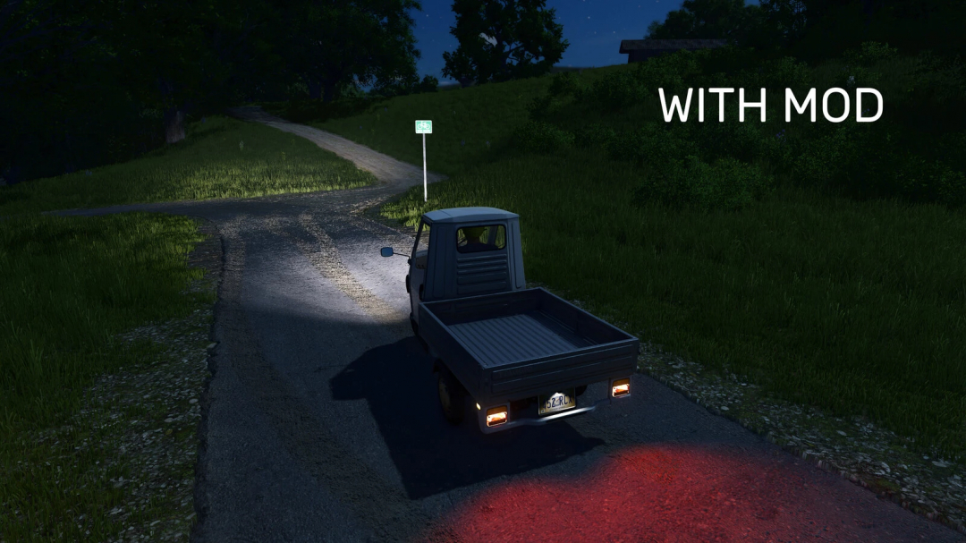 FS25 mod All Lights v1.0.0.0 shows a truck on a rural road illuminated by enhanced headlights at night.