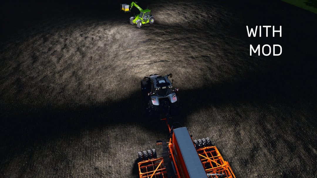 FS25 All Lights v1.0.0.0 mod showcasing two vehicles illuminated in the dark.