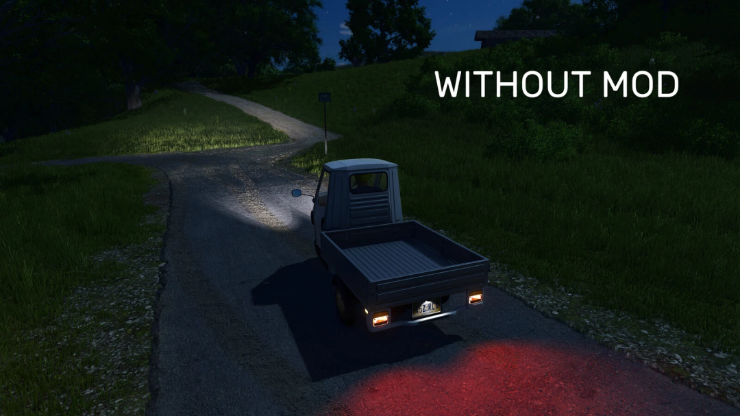 FS25 game night scene without All Lights mod, showing limited vehicle light on road.