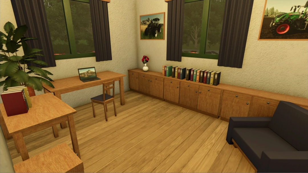 Interior of Alpine Farm House mod in FS25 with wooden furniture, books, and tractor photos.