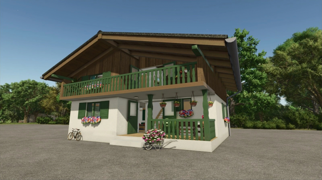 FS25 mod: Alpine Farm House v1.0.0.0, featuring a rustic wooden design with green accents and floral decorations, set in a tranquil environment.