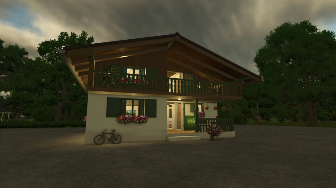 Alpine Farm House mod in FS25 with a charming design, showcasing green shutters, wooden balcony, and flower decor.