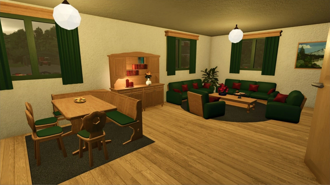 Interior of Alpine Farm House mod for FS25, featuring a cozy living room with green sofas and wooden dining set.