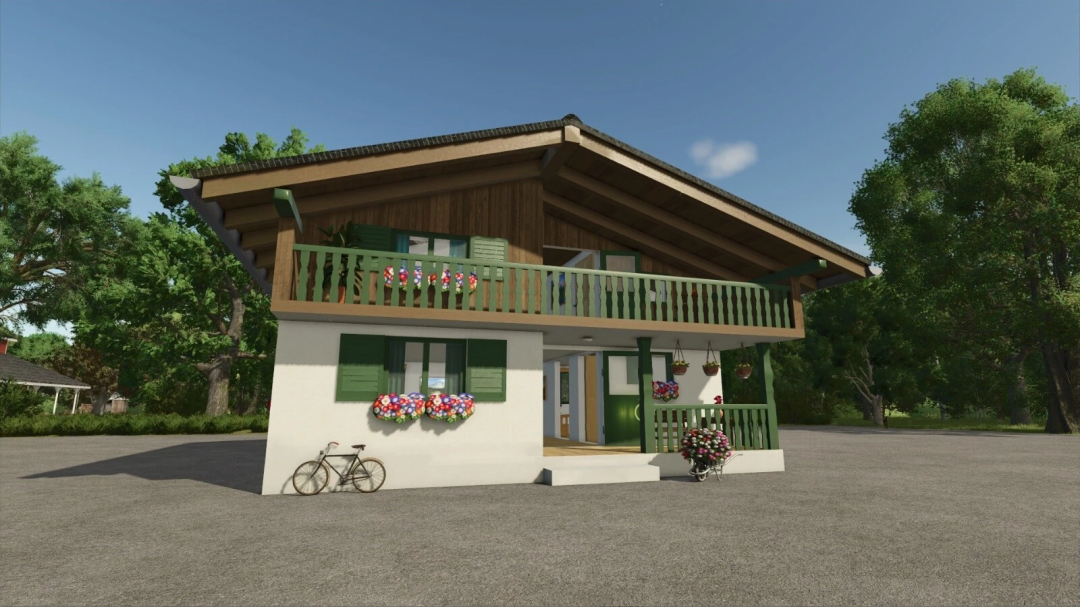 Alpine Farm House mod for FS25, featuring a traditional house with wooden shutters, flower boxes, and a bicycle, set in a lush landscape.