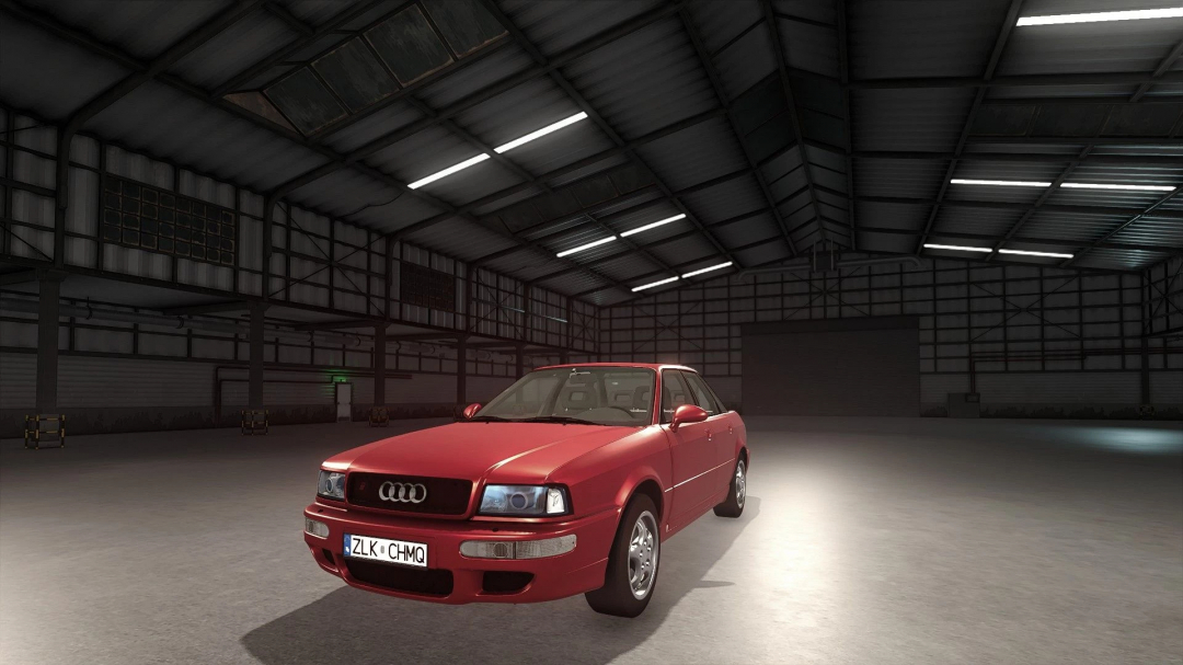 Red Audi 80 mod in Farming Simulator 25, displayed in a modern garage. FS25 mods, Farming Simulator 25 mods.