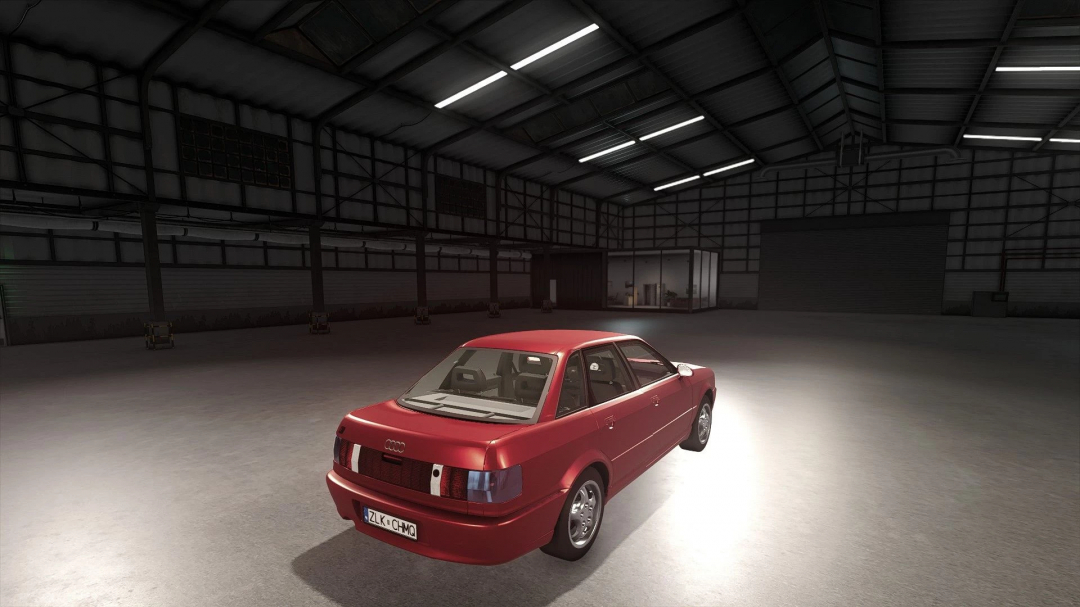 FS25 mod Audi 80 v1.0.0.0 in a warehouse setting, showcasing the rear design within Farming Simulator 25.