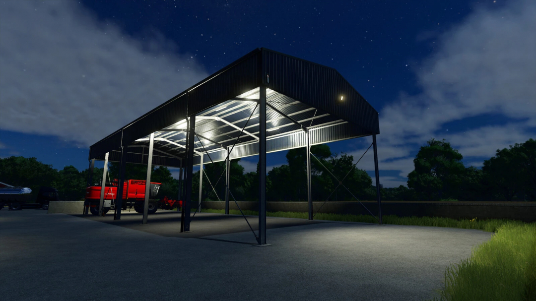 FS25 mod Awning Tubers v1.0.0.0 showcasing a lit awning structure at night in Farming Simulator 25.