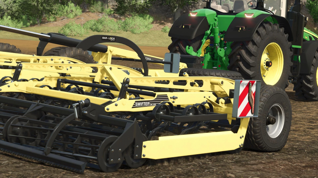 FS25 mod Bednar Swifter 12000 attached to tractor, showcasing detailed machinery and design in Farming Simulator 25.