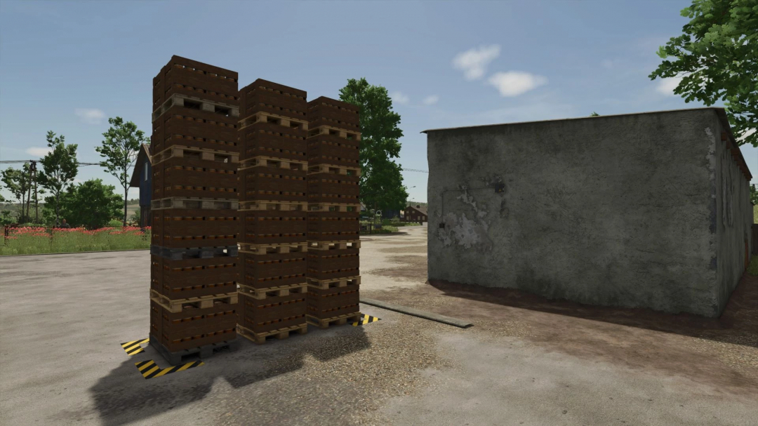 Bee Hive Pallet Spawner x18 v1.0.0.0 mod in FS25, showing stacked pallets next to a building.