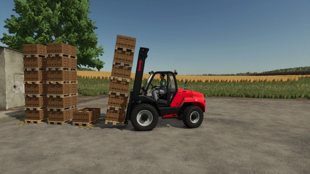 Bee Hive Pallet Spawner x18 mod in FS25 with forklift stacking honey crates in a field.