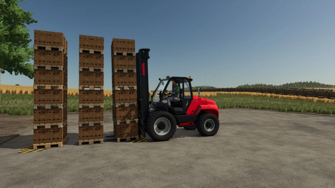 FS25 mod Bee Hive Pallet Spawner with forklift moving wooden pallets in a field.