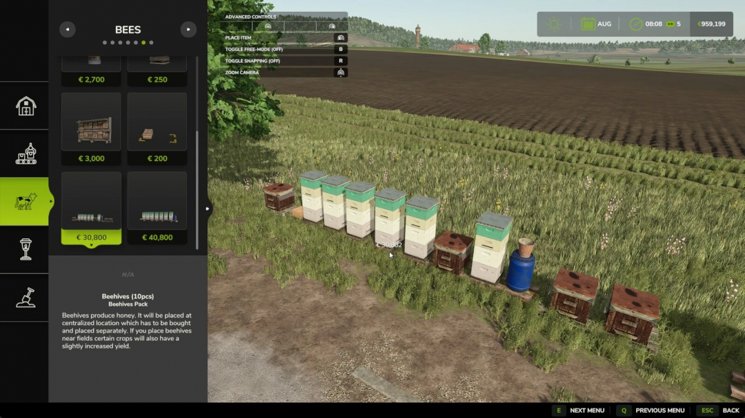 FS25 Beehives Pack v1.0.0.0 displayed in-game, showcasing various beehive models and prices. Enhances Farming Simulator 25 gameplay.