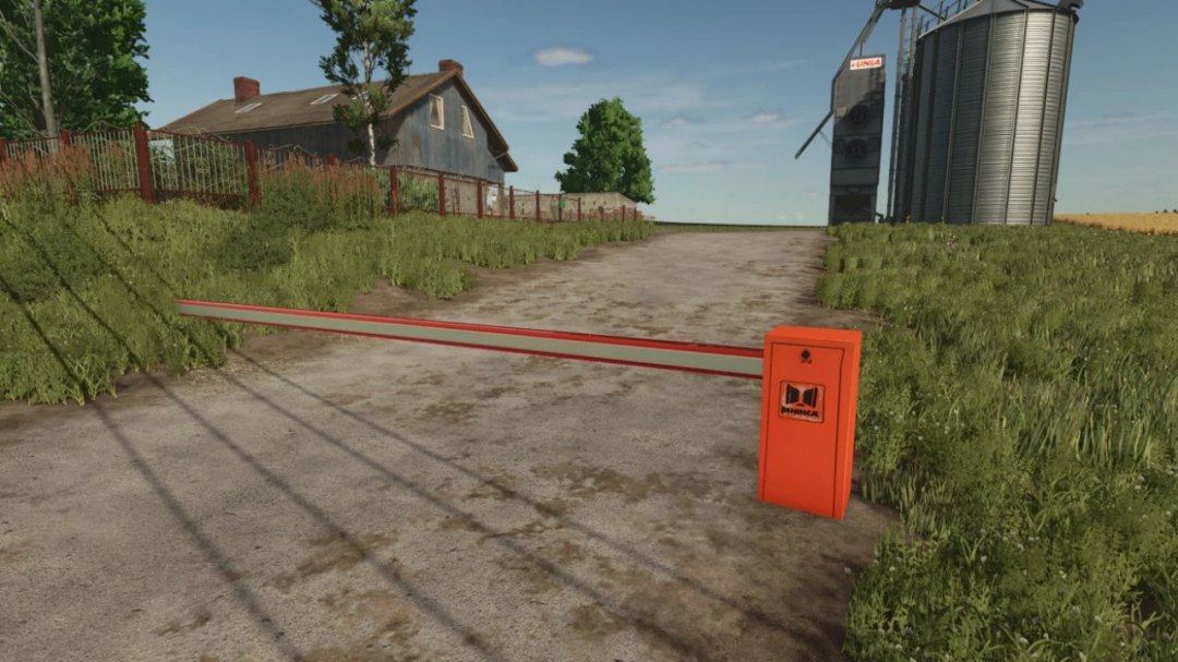 FS25 mod Beninca Barrier Placeable near a farmhouse and silo on a dirt road.