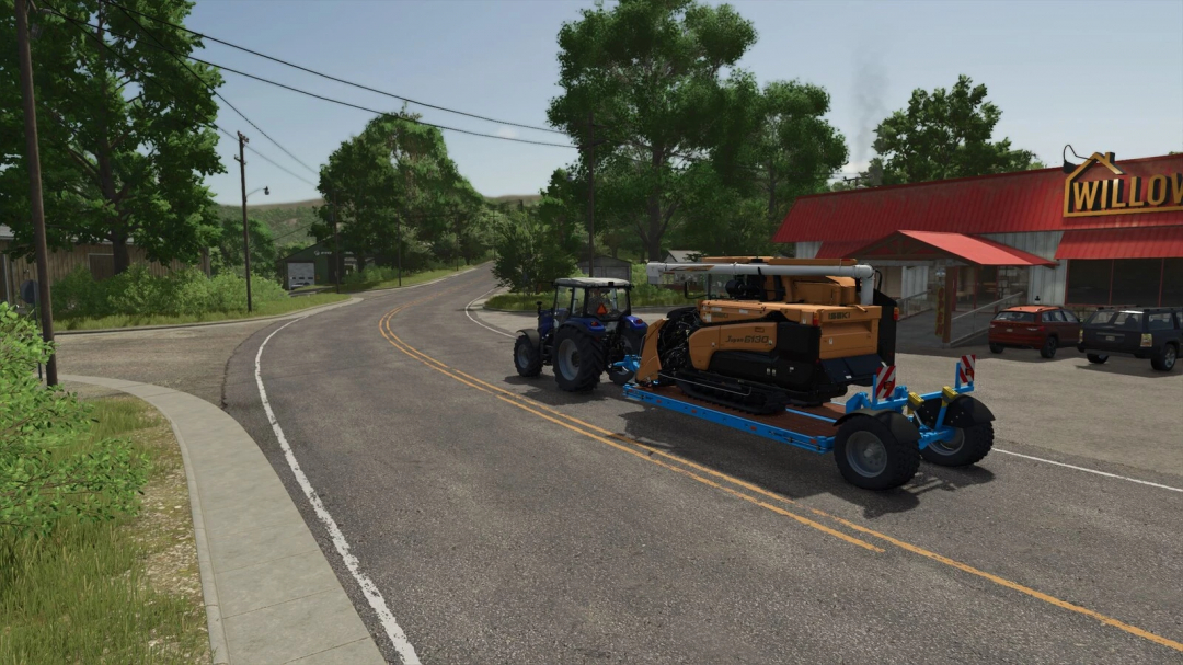 FS25 Bremer Transport Trailer mod v1.0.0.0 transporting equipment on a rural road.