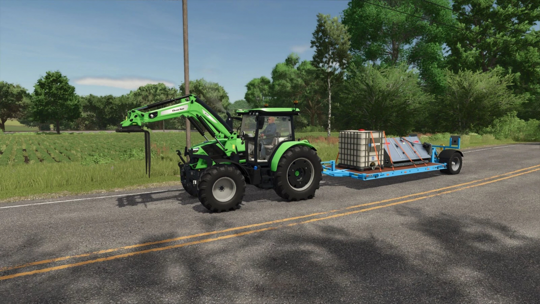 FS25 mod Bremer Transport Trailer v1.0.0.0 attached to a green tractor on a road.