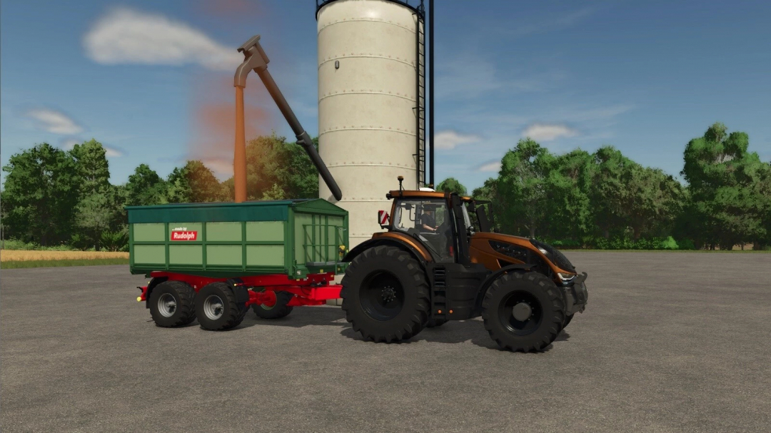 Tractor loading grain into trailer at multi fruit buying station, FS25 mod.