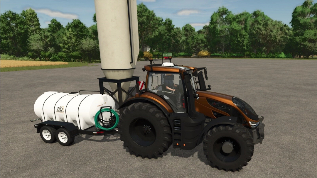 FS25 mods: Tractor towing a multi fruit buying station in Farming Simulator 25