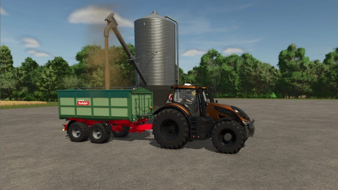 FS25 mod Buying Station Multi Fruit: tractor with trailer loading grain from silo.