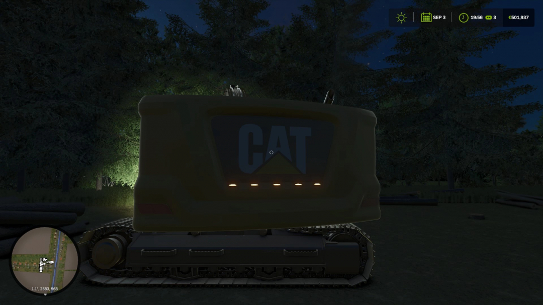 CAT 336 NextGen EDIT mod in FS25 at night, showing excavator rear in a wooded area.