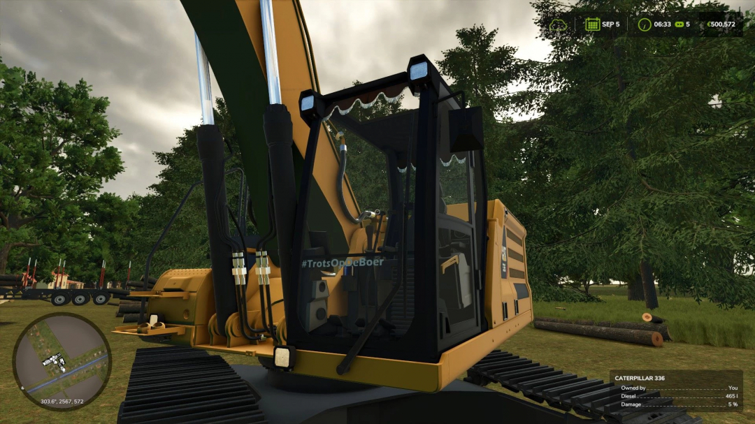 CAT 336 NextGen Edit excavator displayed in Farming Simulator 25 mod, featuring lush forest backdrop. FS25 mods.