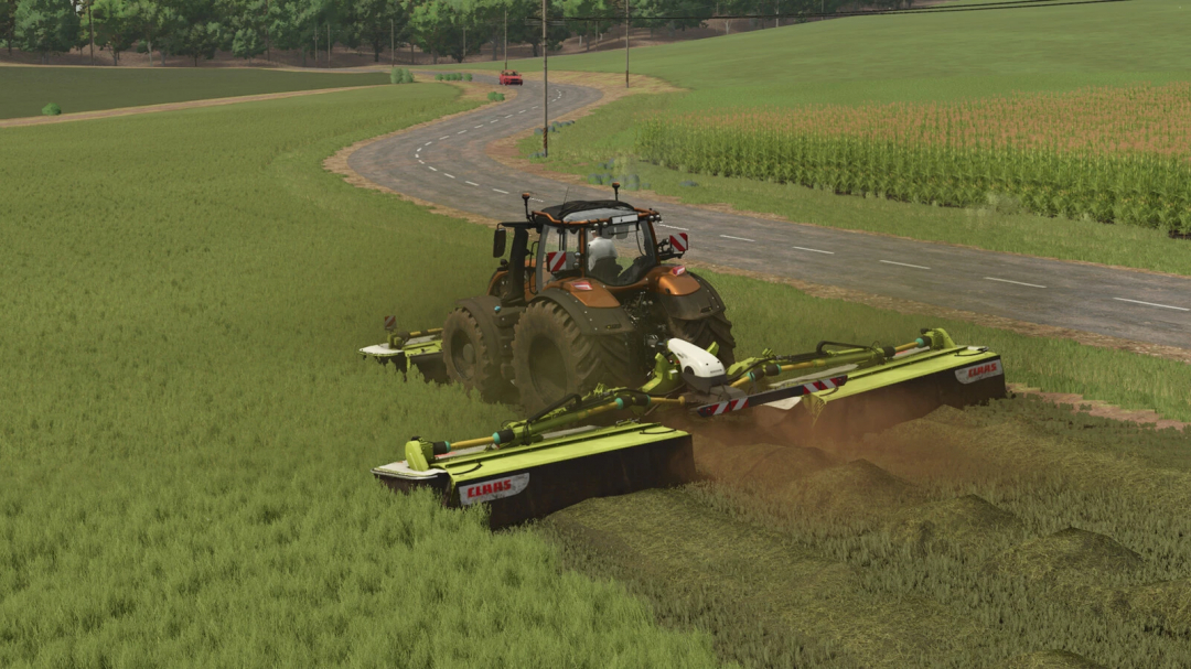 FS25 mod CLAAS DISCO Pack v1.0.0.0 showcasing a tractor mowing a large field with a CLAAS cutter in Farming Simulator 25.