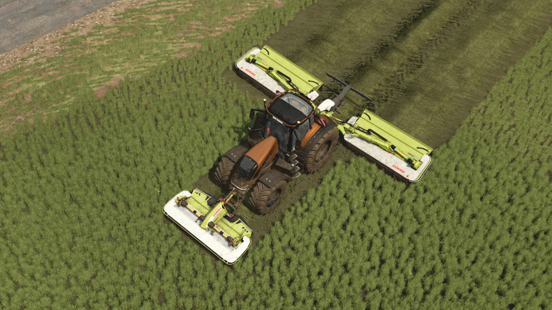 Top view of CLAAS DISCO mower from Farming Simulator 25 mod pack, cutting grass in a field.