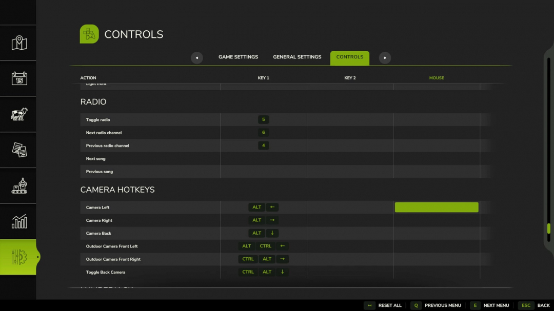 FS25 Camera Hotkeys v1.0.0.0 controls screen showing key mappings for camera movements.