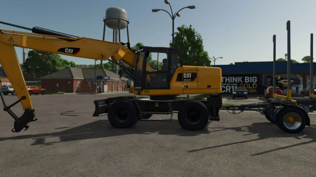 Caterpillar 322F mod for FS25, showcasing a yellow excavator in a parking lot.