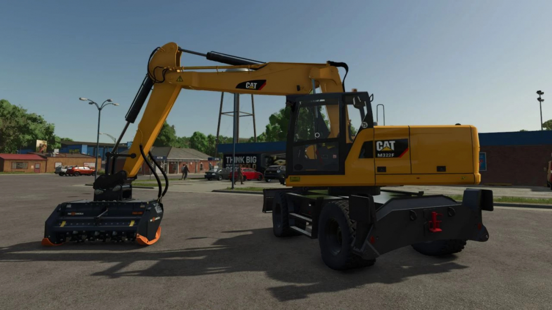 Caterpillar 322F mod for FS25, featuring a detailed excavator in an urban setting. Ideal Farming Simulator 25 mod.