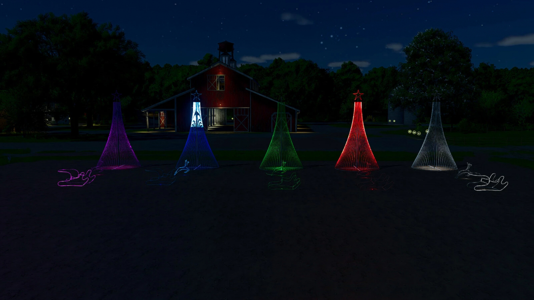 FS25 Christmas Decorative mod showcasing colorful light tree decorations in front of a barn at night.