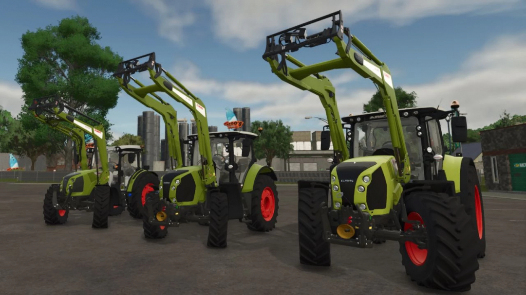 Claas Arion Pack v1.0.0.0 tractors in FS25 mods, featuring green and black designs with front loaders.