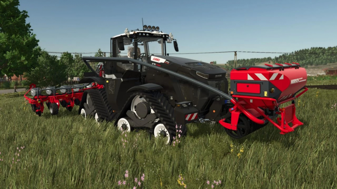 Claas Xerion 12 v1.0.0.3 mod in Farming Simulator 25, featuring a detailed black tractor with red farming attachments on a grassy field.