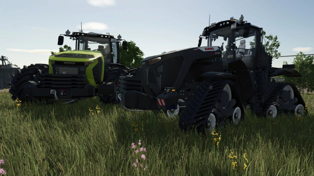 Claas Xerion 12 v1.0.0.3 mod for FS25 depicts two tractors on a grassy field.