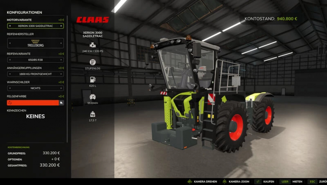 Claas Xerion 3000 Sattle Trac mod for FS25 in a garage, showcasing customization options.