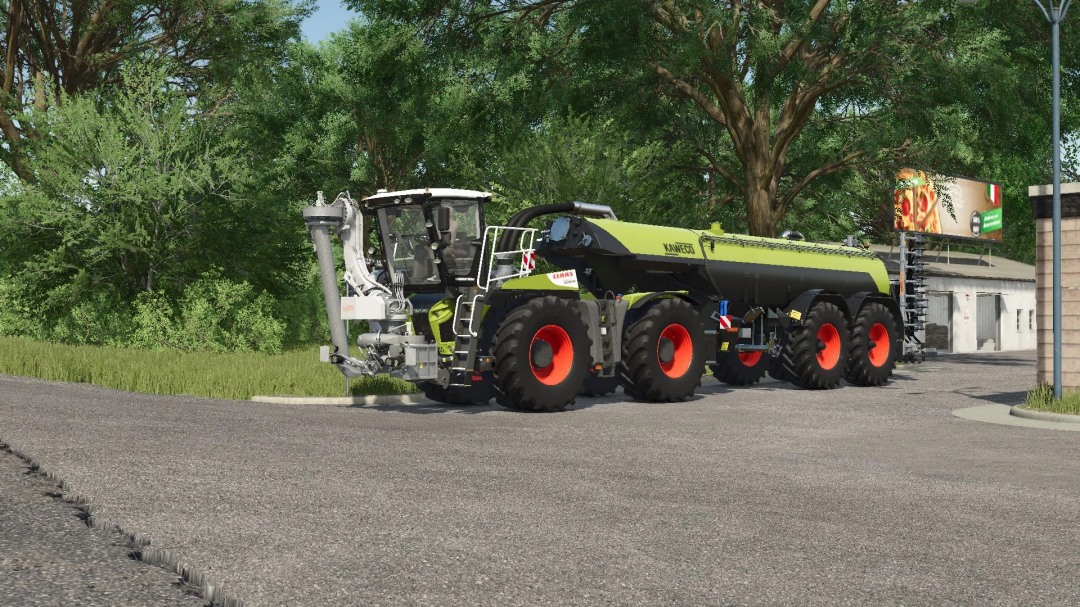 FS25 mod Claas Xerion Saddle Trac v1.0.0.0 displayed on a road, with trees and billboard in the background.