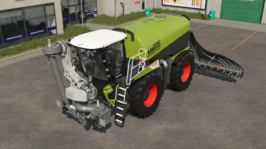 Claas Xerion Saddle Trac v1.0.0.0 FS25 mod parked on concrete, showcasing its large wheels and farming attachments.