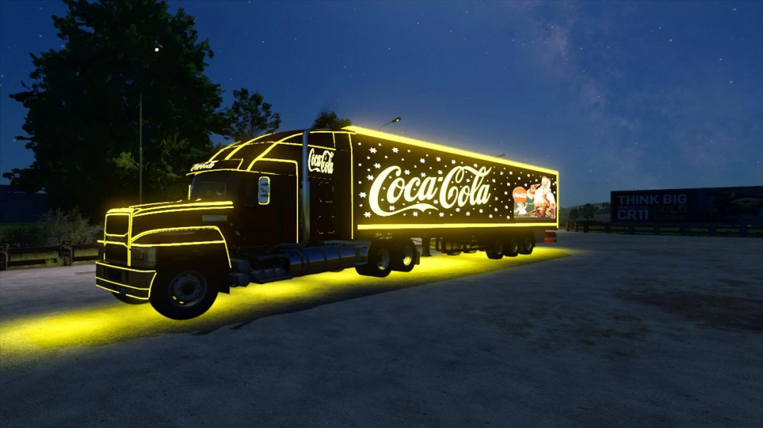 FS25 mod showing Cola Christmas truck with festive lights at night.