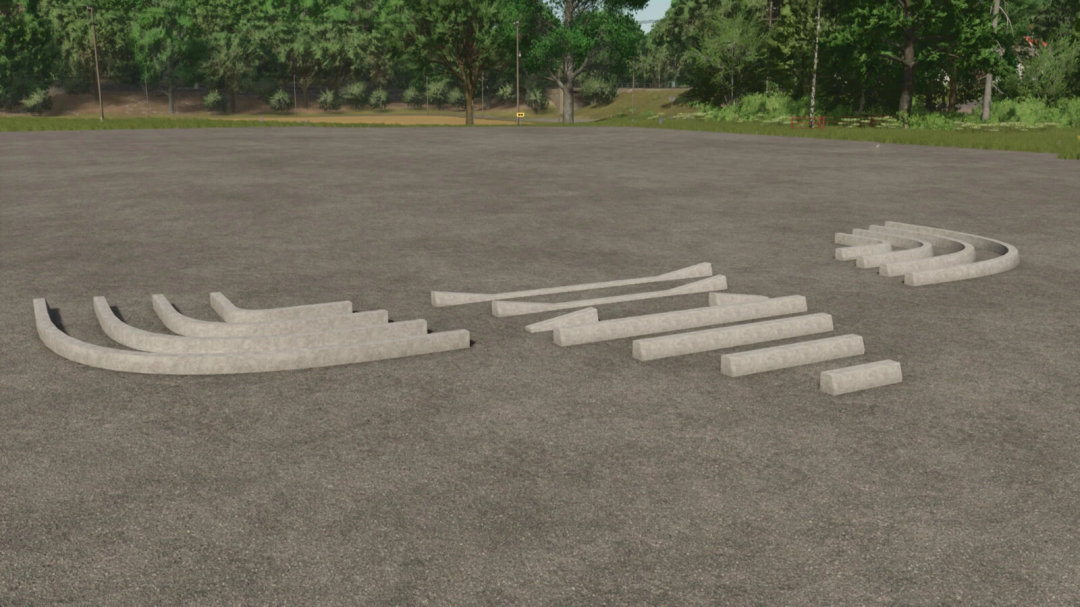 Concrete Curbs Pack v1.0.0.0 mod for FS25, featuring curved and straight concrete curbs on an open area.