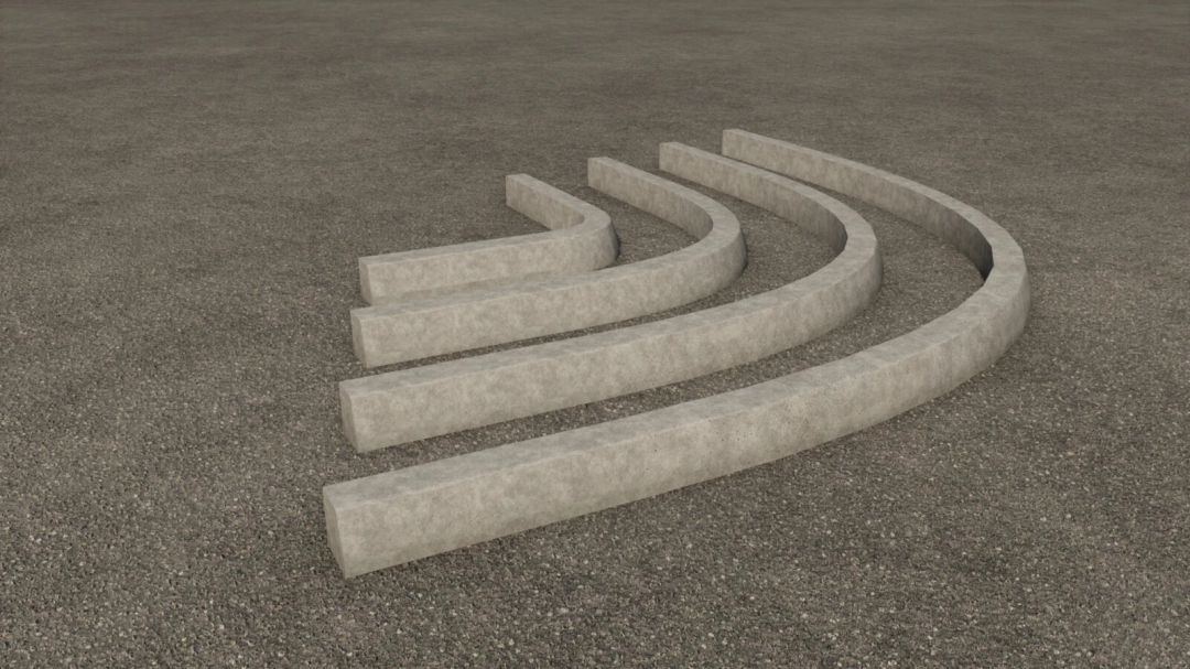 FS25 mods Concrete Curbs Pack v1.0.0.0 featuring curved concrete curbs on gravel surface.