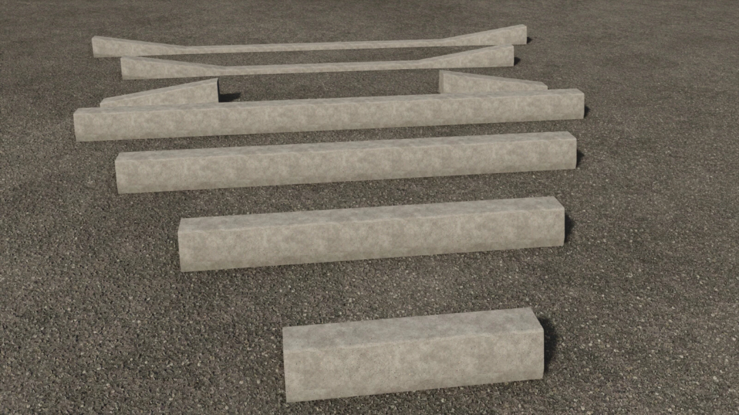 Concrete curbs mod for FS25, featuring various curb designs on a gravel surface.