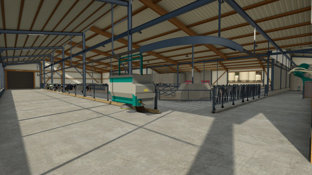 FS25 mod Cow Barn Big with LIZARD Mixfeeder, an advanced cow barn setup in Farming Simulator 25.