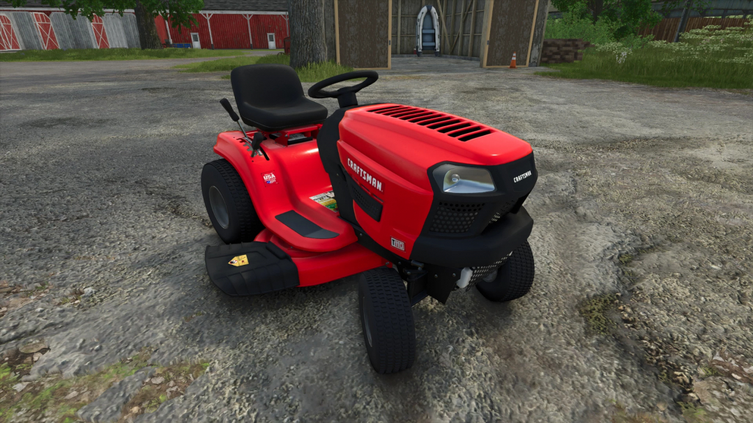 FS25 mod Craftsman T100 v1.0.0.0, a red riding lawnmower, showcased in Farming Simulator 25.